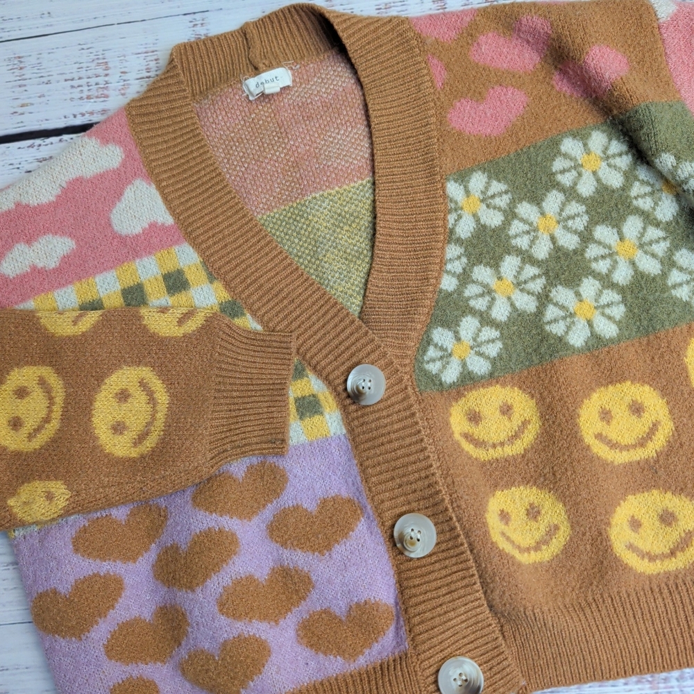 Debut Retro Patchwork Cardigan Smiley Face Hippie Heart Plaid Y2K Sweater Medium